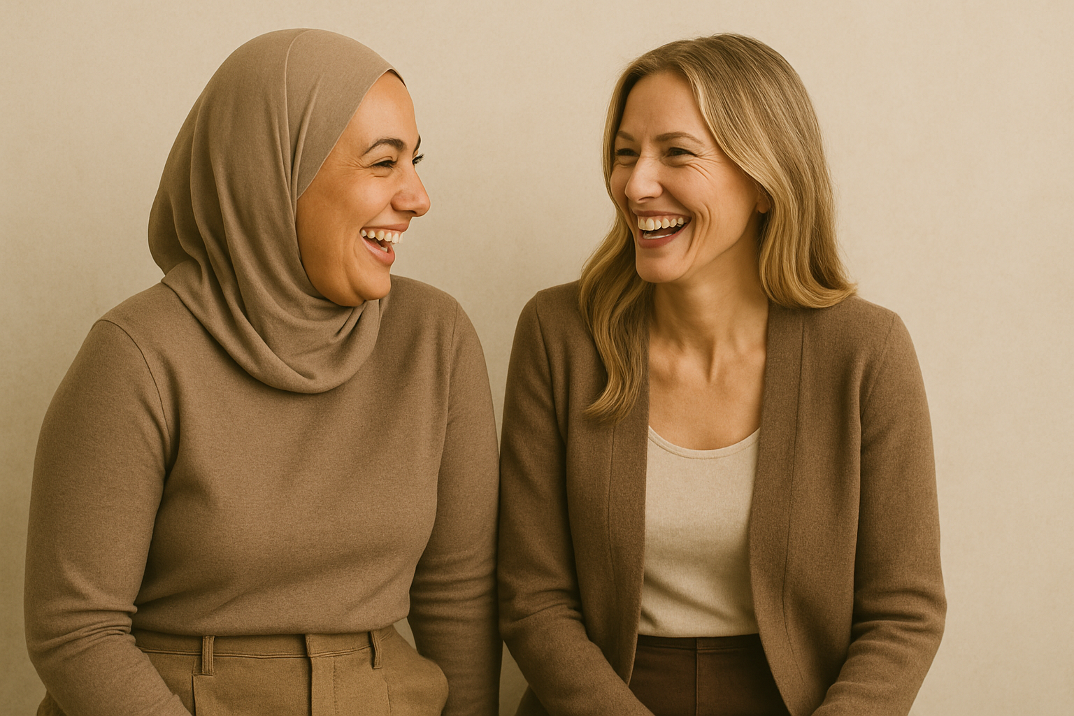 Two women smiling at each other in warm taupe-toned outfits, sitting side by side and sharing a moment of support, symbolizing real-life connection during a GLP-1 semaglutide weight loss journey.
