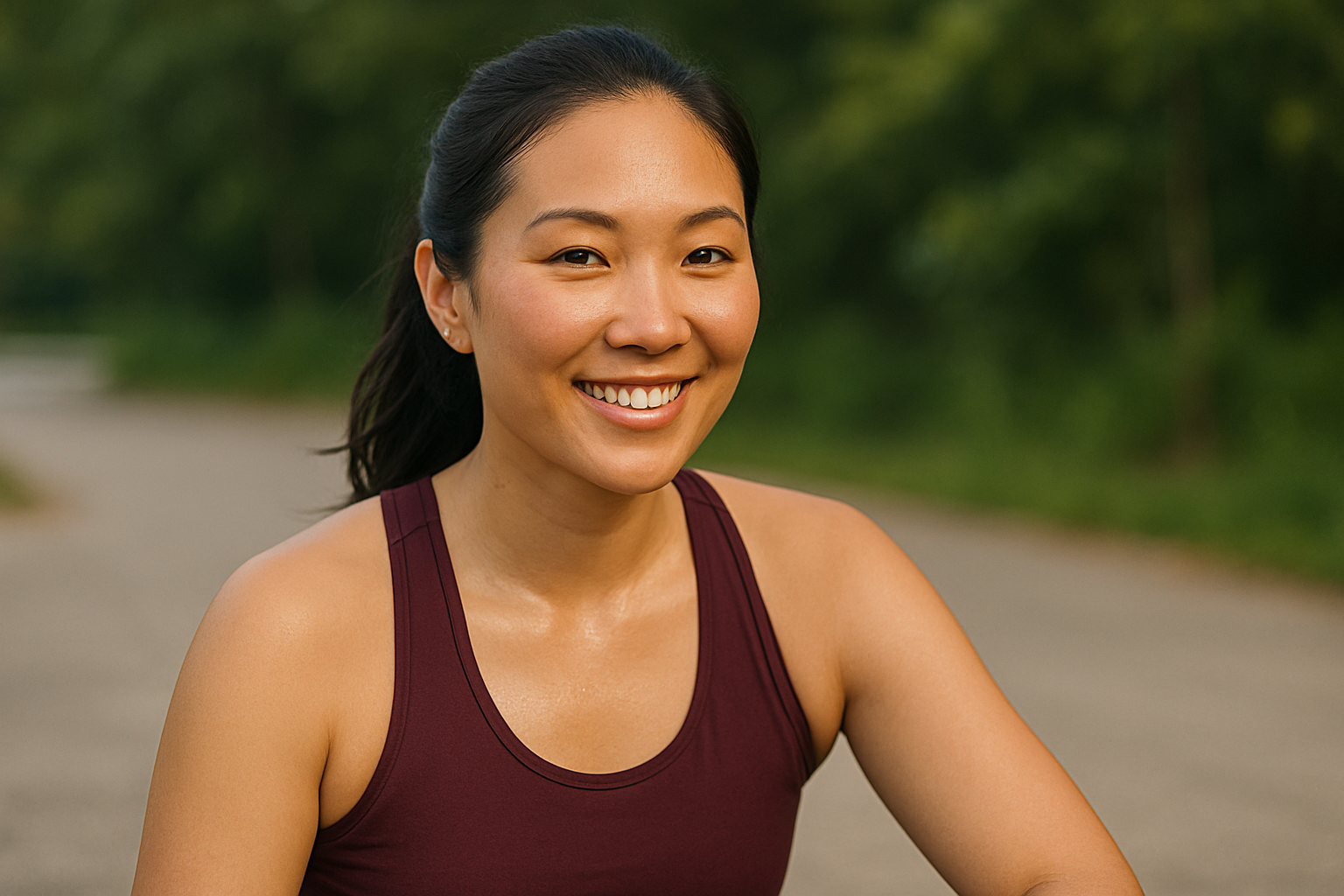 Young East Asian woman in a burgundy sports tank top smiling confidently outdoors, with a blurred green park background suggesting a relaxed and active lifestyle