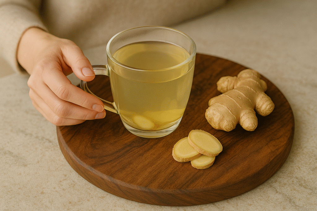 Close-up of a woman's hand holding a glass mug of ginger tea on a light wooden board with fresh ginger — a calming self-care moment for Ozempic, Wegovy, and Mounjaro users.