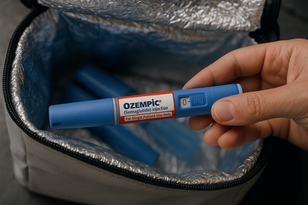 A glp-1 semaglutide ozempic wegovy pen in coolbox on traveling