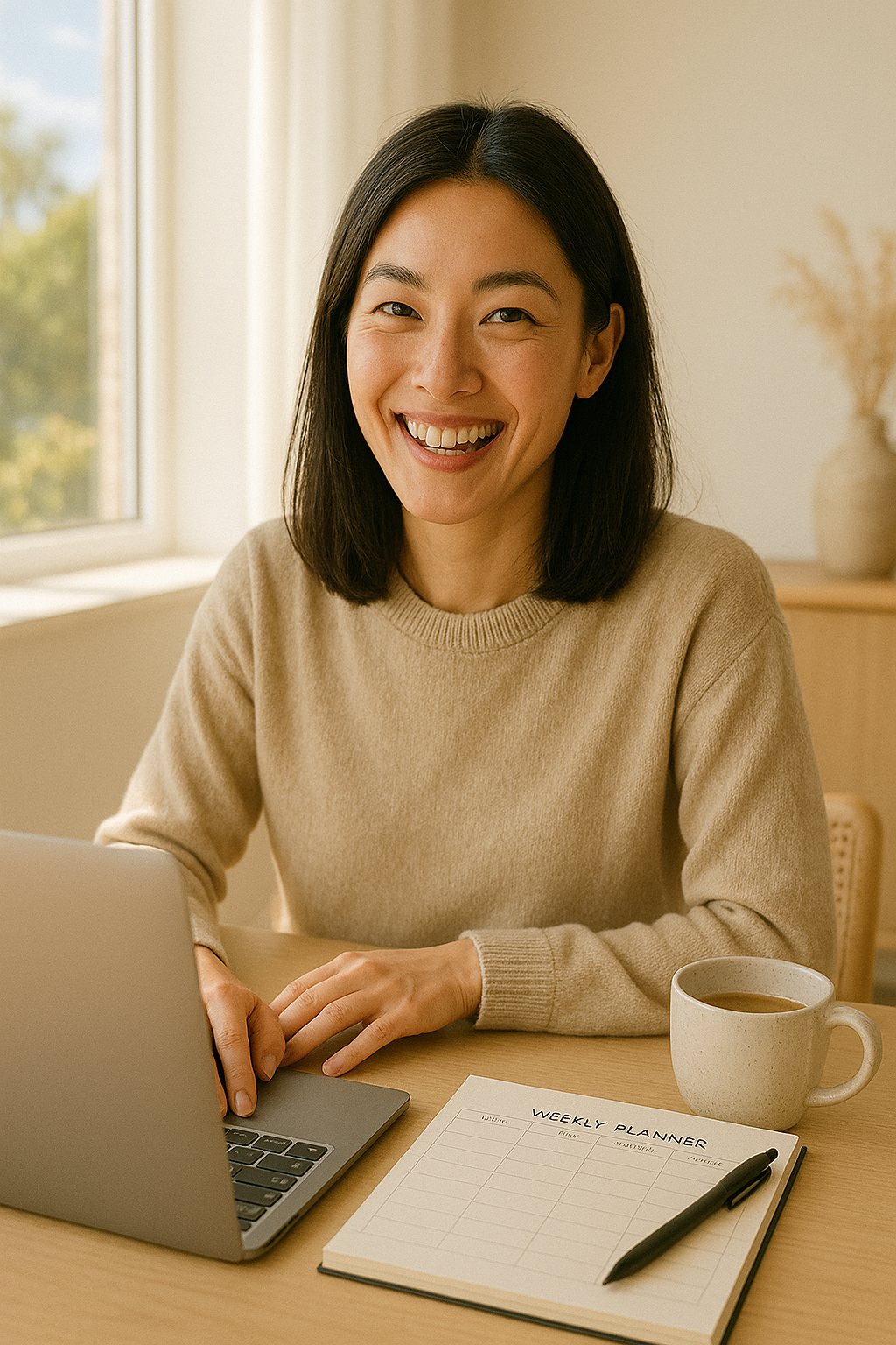 A smiling East Asian woman in a beige sweater working on a laptop at a sunlit Japandi-style desk, with a glp-1 weekly planner and mug of tea beside her.